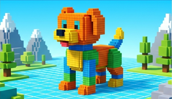 Colorful voxel dog built from blocks